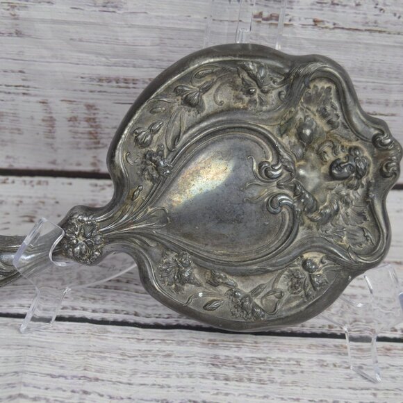 Antique Art Nouveau Flowing Hair Woman Victorian Silver Plate Vanity Hand Mirror - Picture 1 of 11